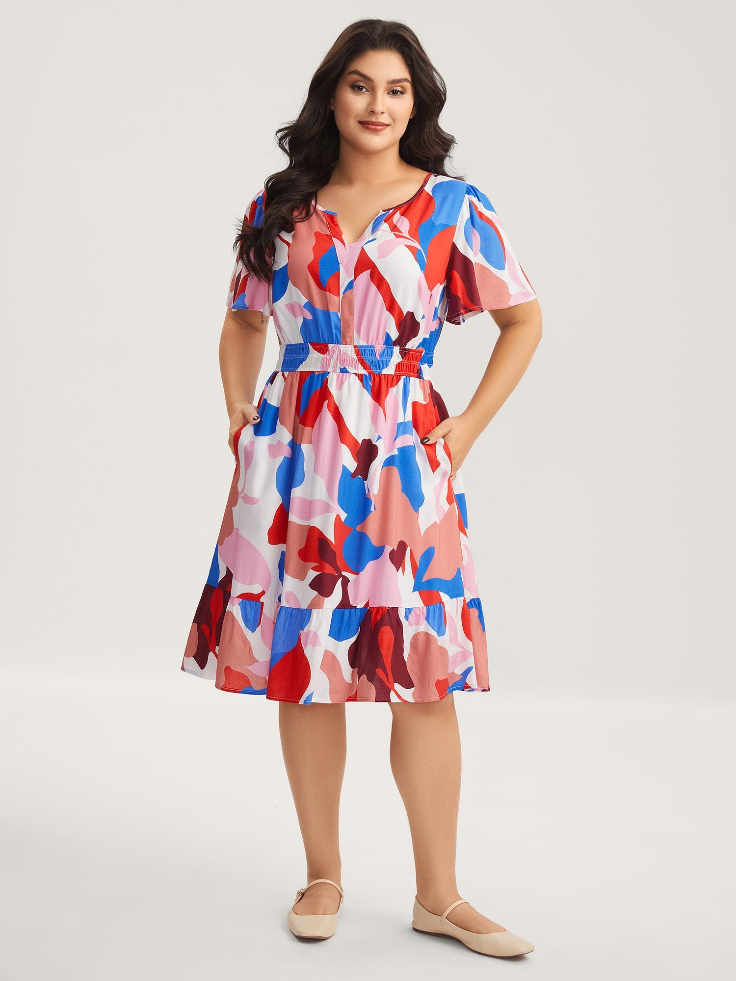 Color Block Stretchy Notched Midi Dress