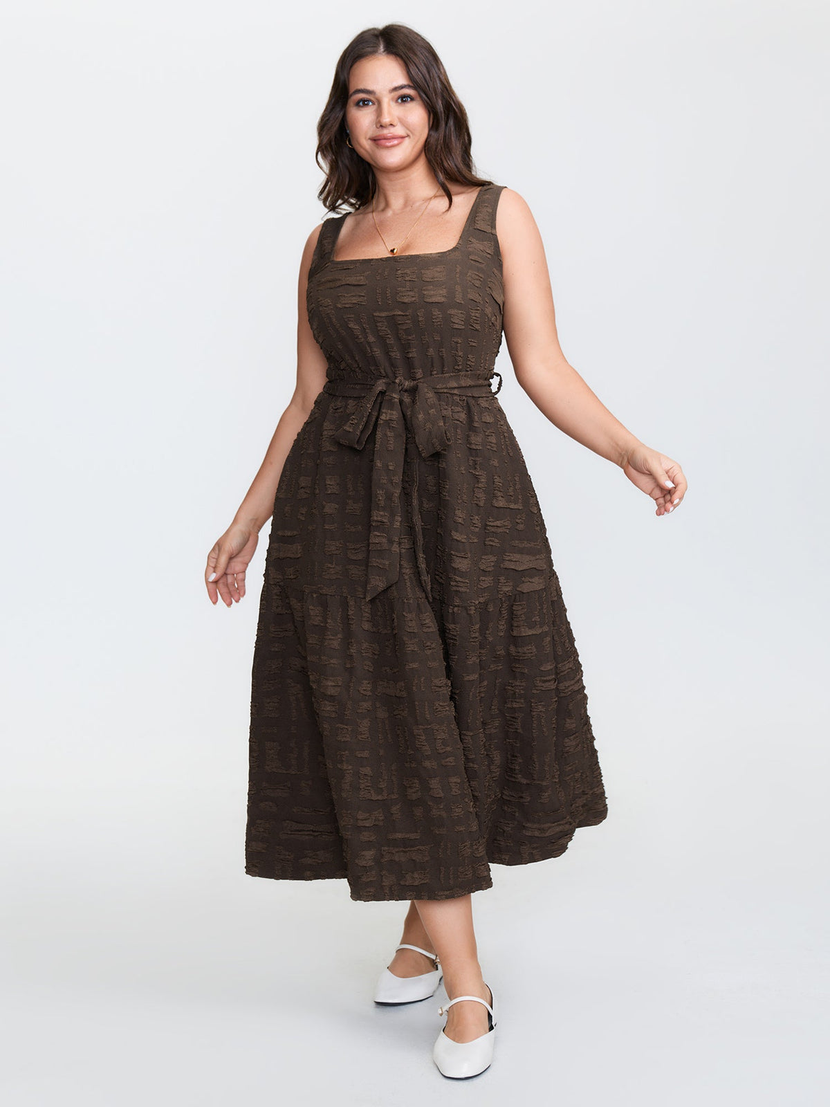 Textured Waist-Tie Square Neck Midi Dress