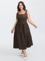 Textured Waist-Tie Square Neck Midi Dress