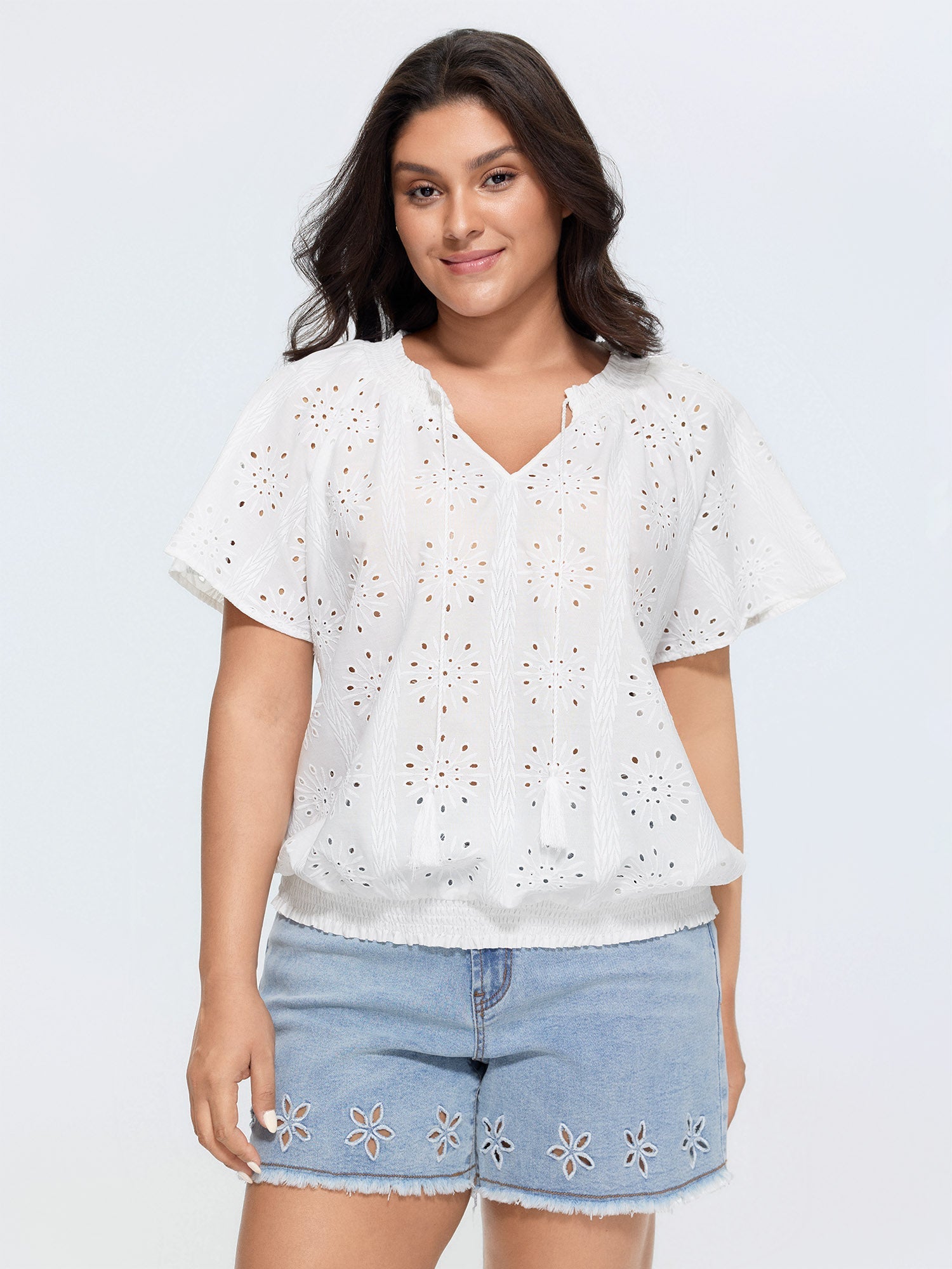Eyelet Textured Shirred Hem Blouse