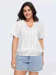 Eyelet Textured Shirred Hem Blouse