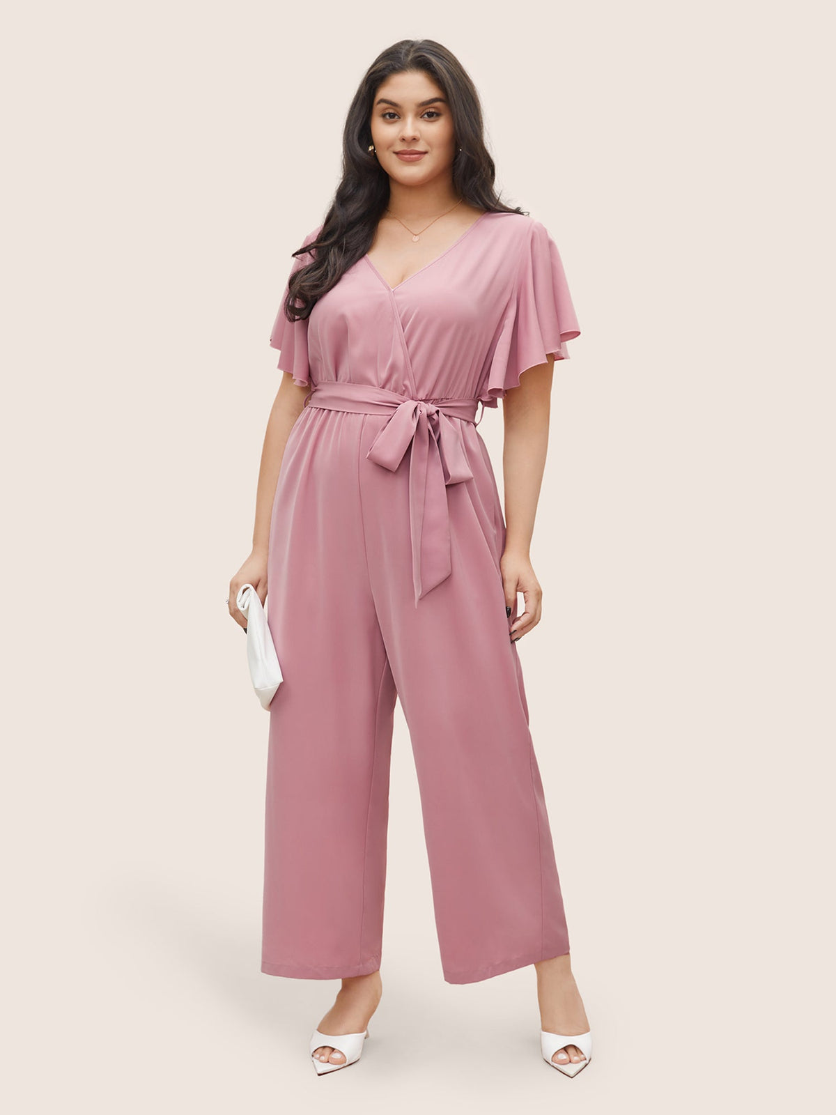 Anti-Wrinkle Plain Belted Flutter Sleeve Zipper Jumpsuit