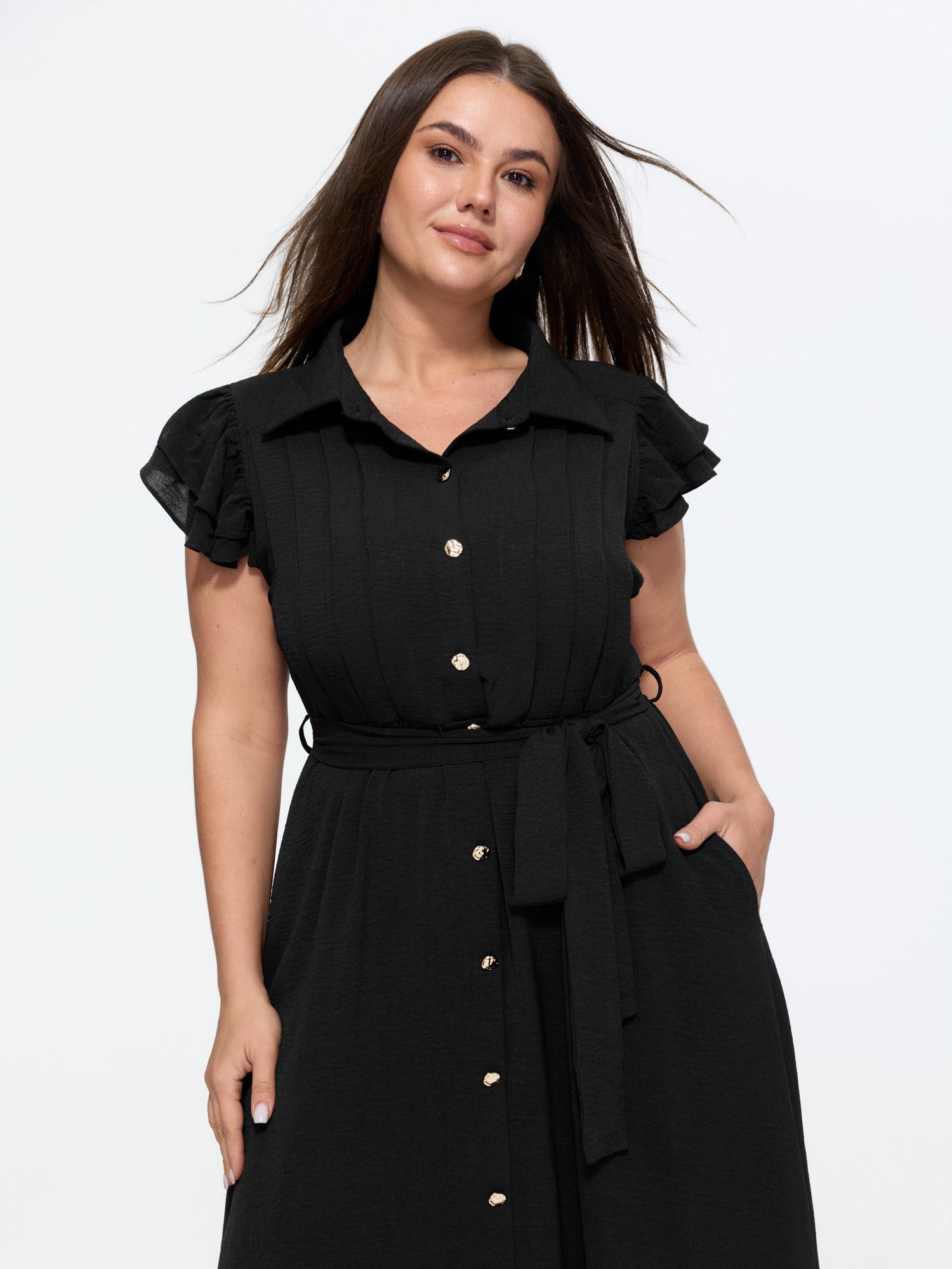 Layered Ruffled Sleeve Button Midi Dress