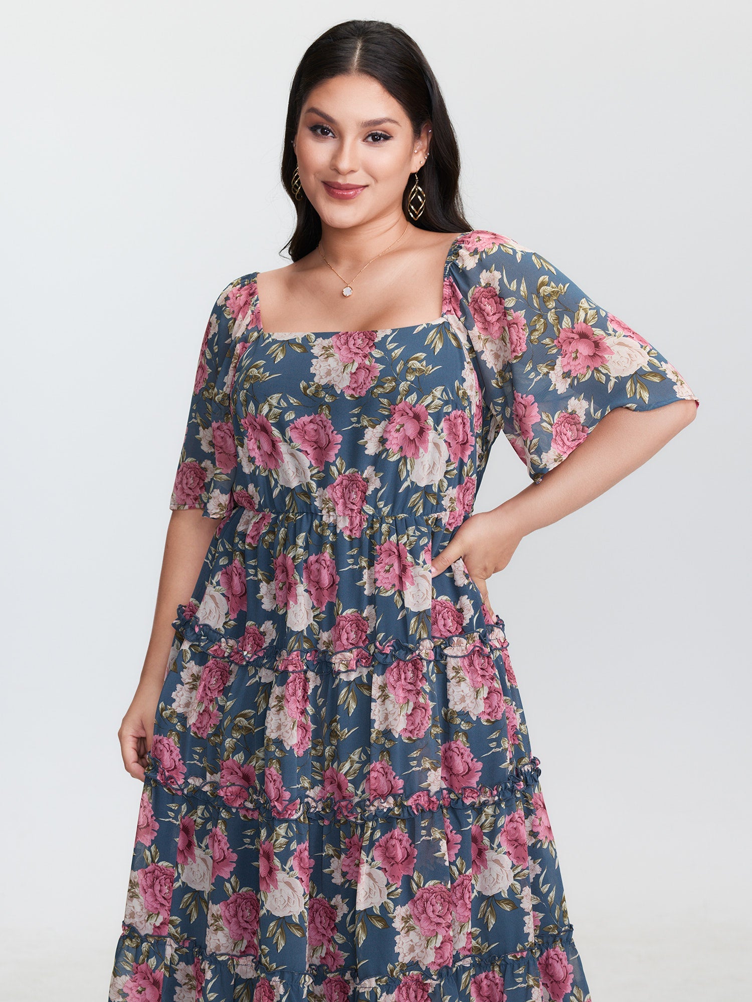Floral Print Mesh Ruffled Maxi Dress