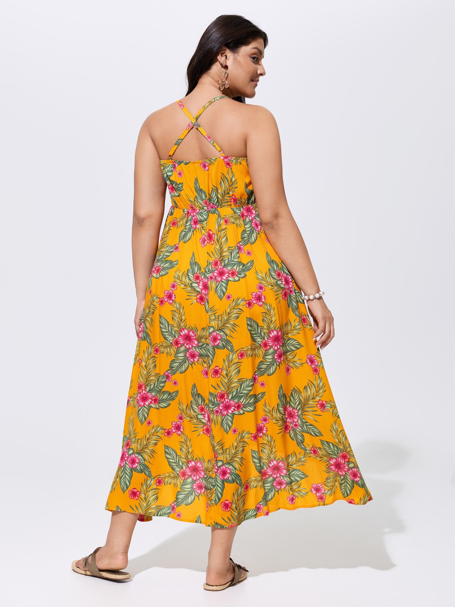 Tropical Print Twist Front Flowy Midi Dress