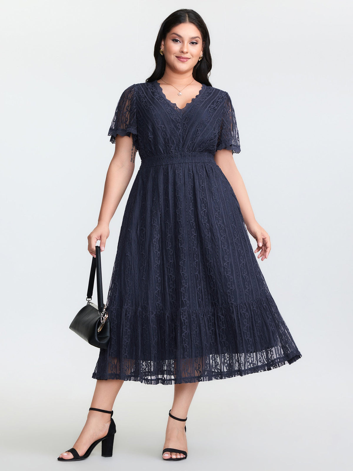 Sheer Lace Trim V-Neck Midi Dress