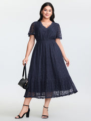 Sheer Lace Trim V-Neck Midi Dress