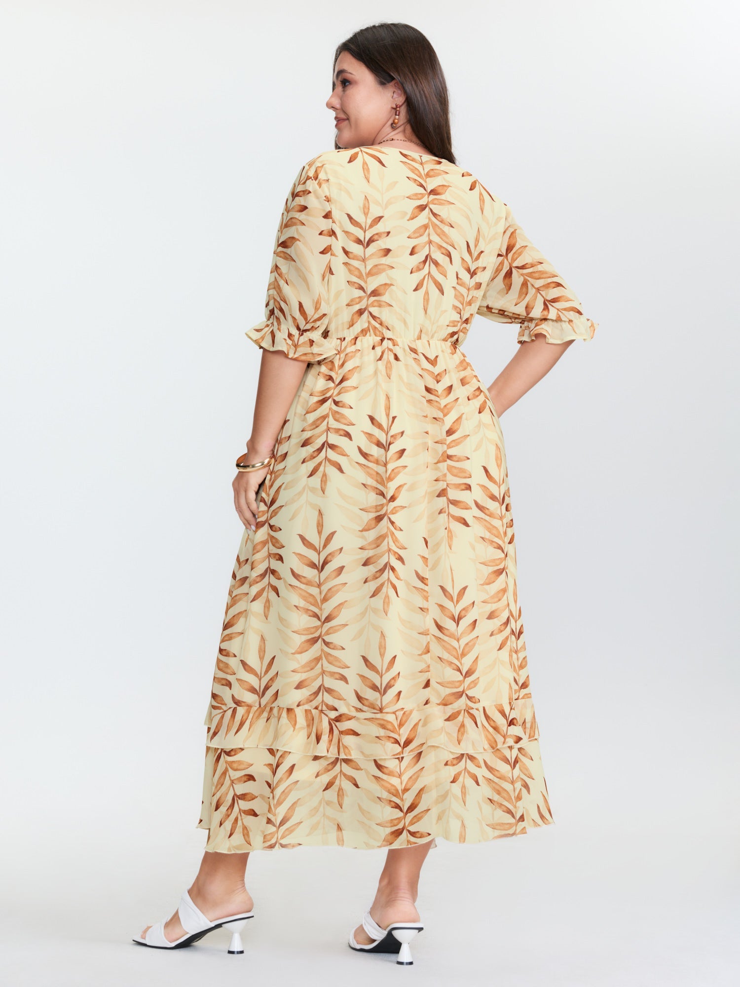 Leaf Print Wrap Neckline Ruffled Maxi Dress