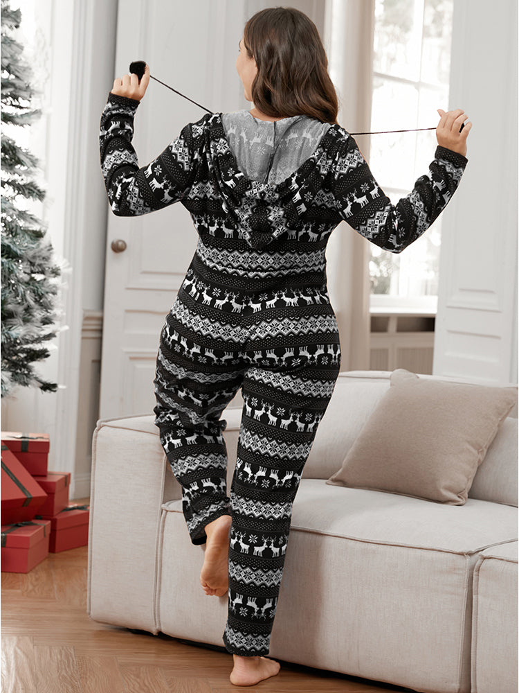 Holiday-Ready Print Zipper Hooded Lounge Jumpsuit