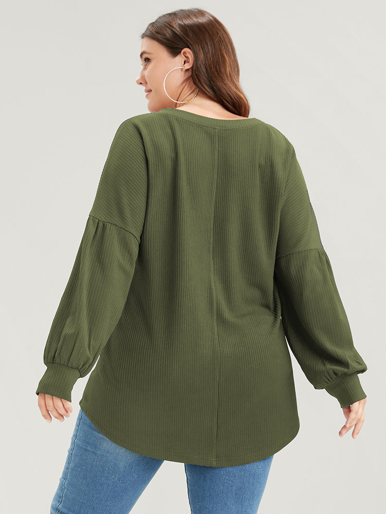 Solid Drop Shoulder Pocket Arc Hem Rib Knit Sweatshirt
