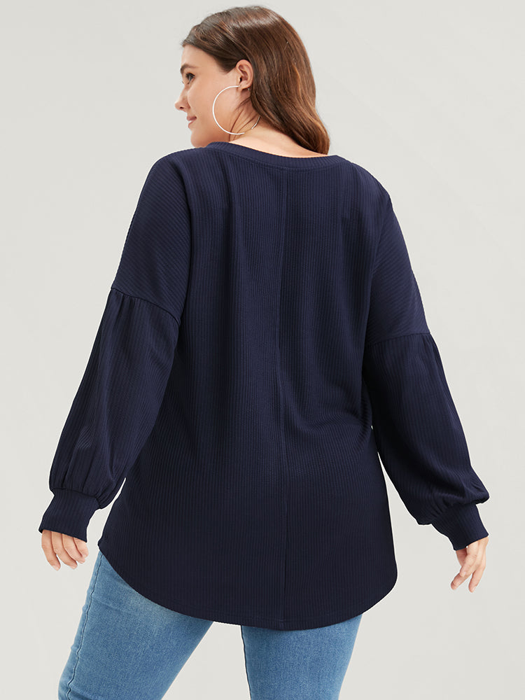 Solid Drop Shoulder Pocket Arc Hem Rib Knit Sweatshirt