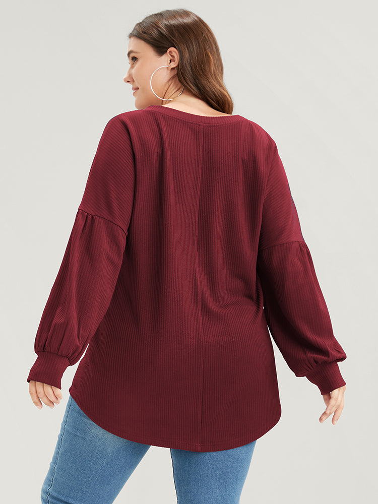 Solid Drop Shoulder Pocket Arc Hem Rib Knit Sweatshirt