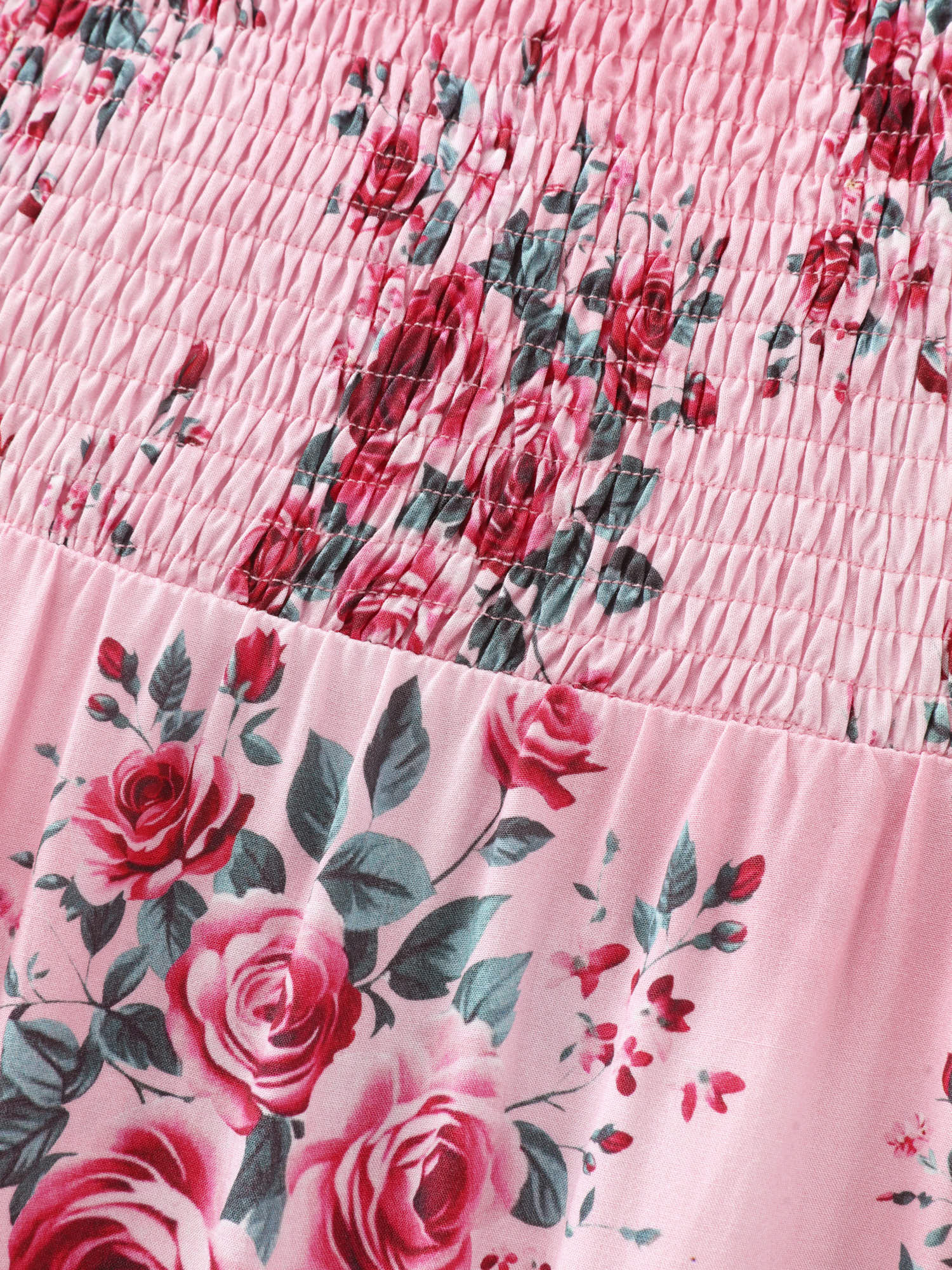 Rose Print Stretchy Waist Shirred Midi Dress