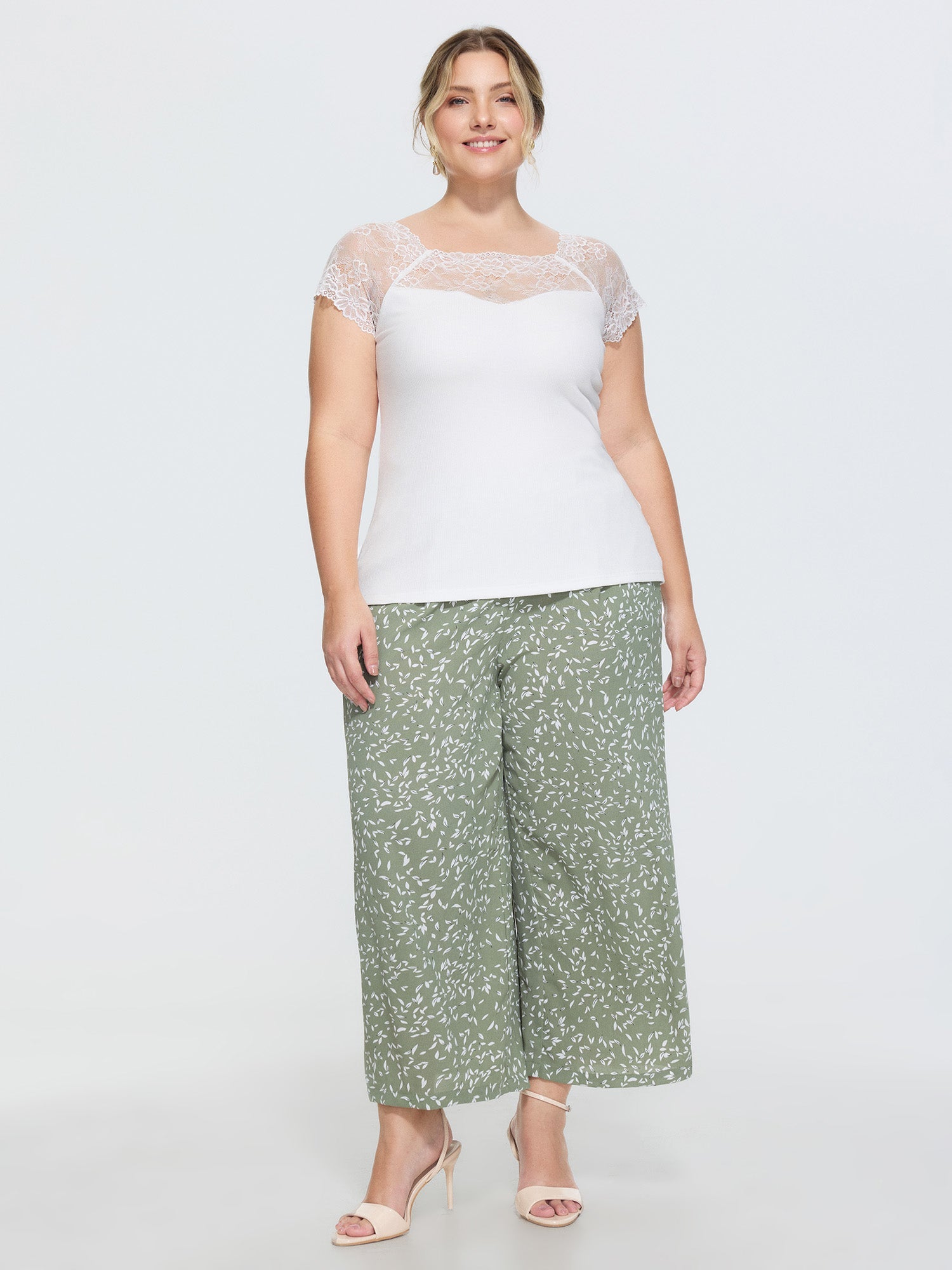 Sheer Lace Neckline Plain Knit Top