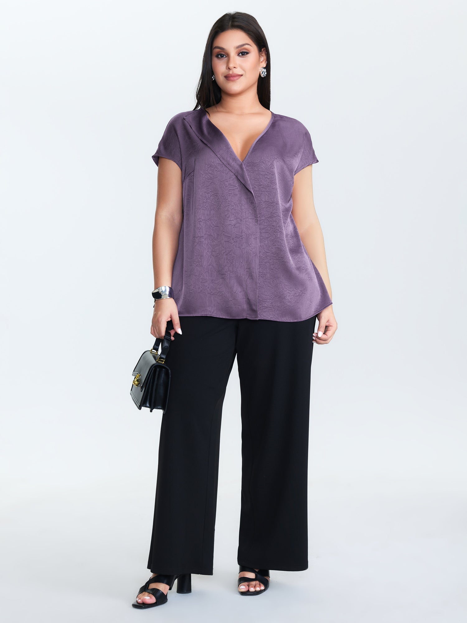Plain Collar Neckline Flowy Blouse