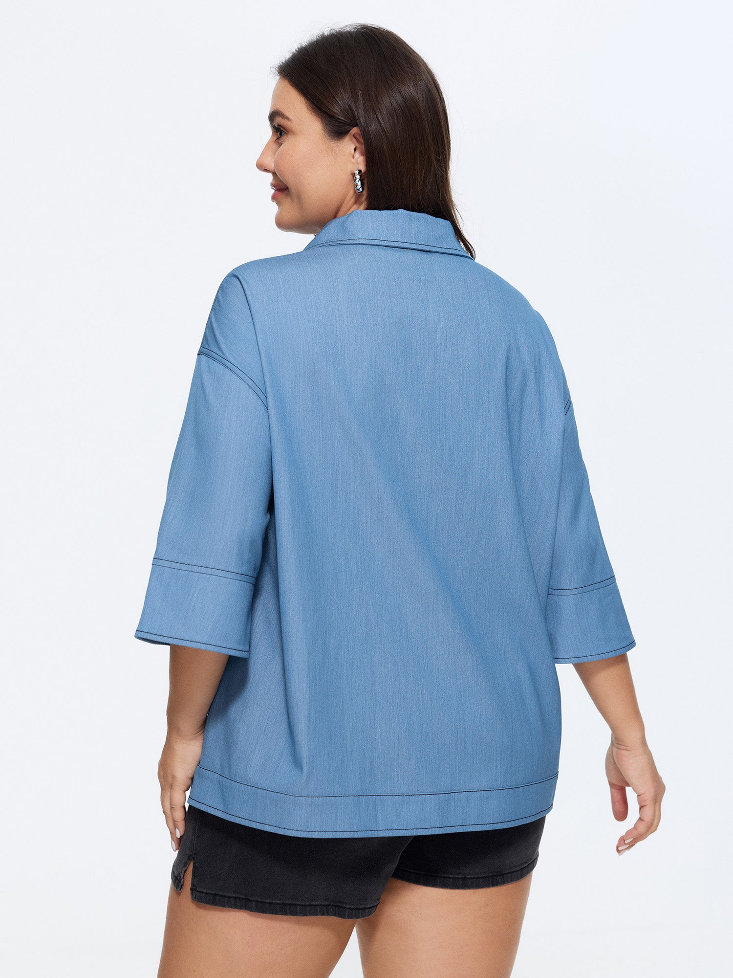 Pleated Relaxed-Fit Plain Faux Denim Blouse