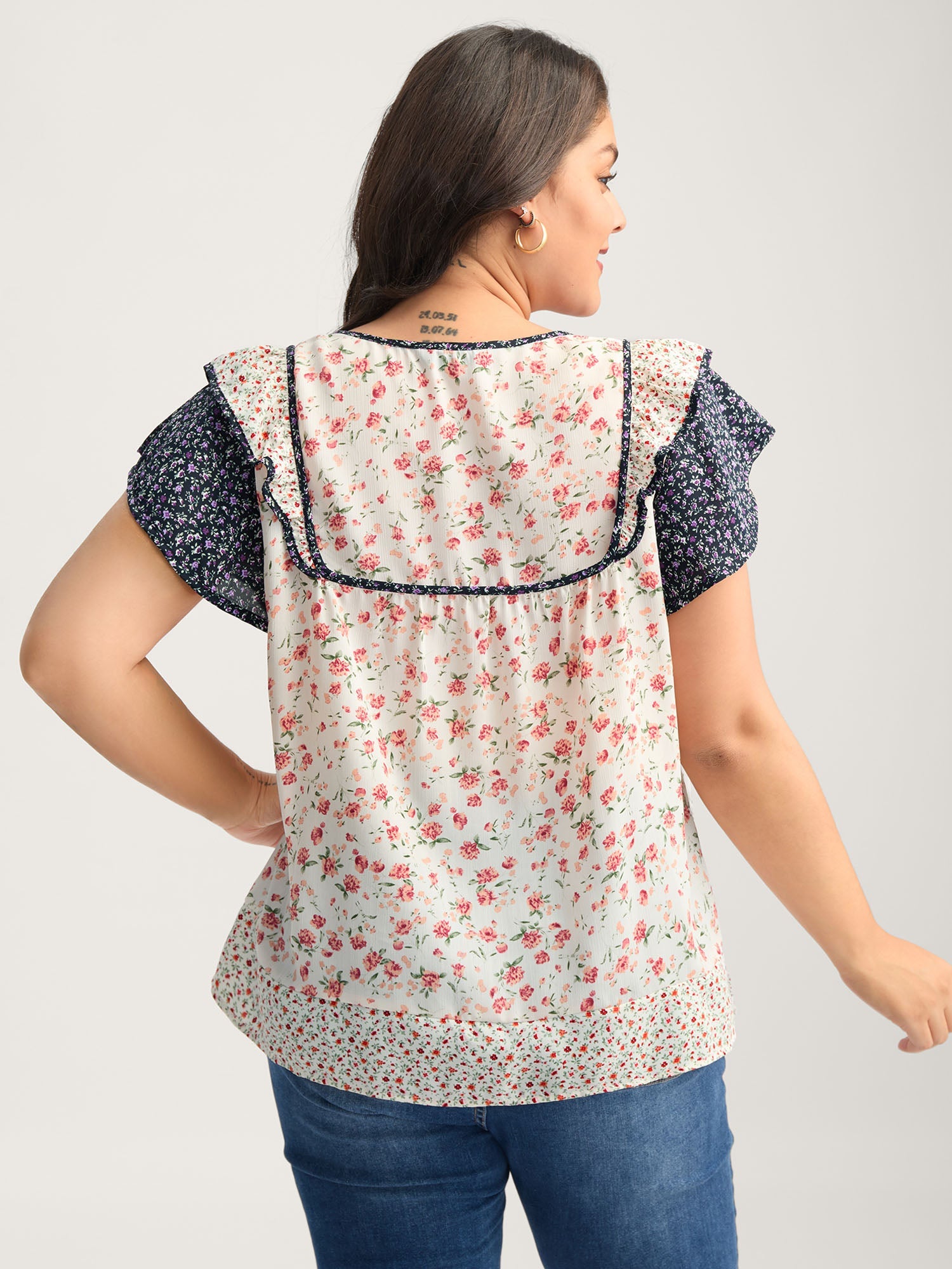 Floral Panel Ruffled Sleeve Blouse