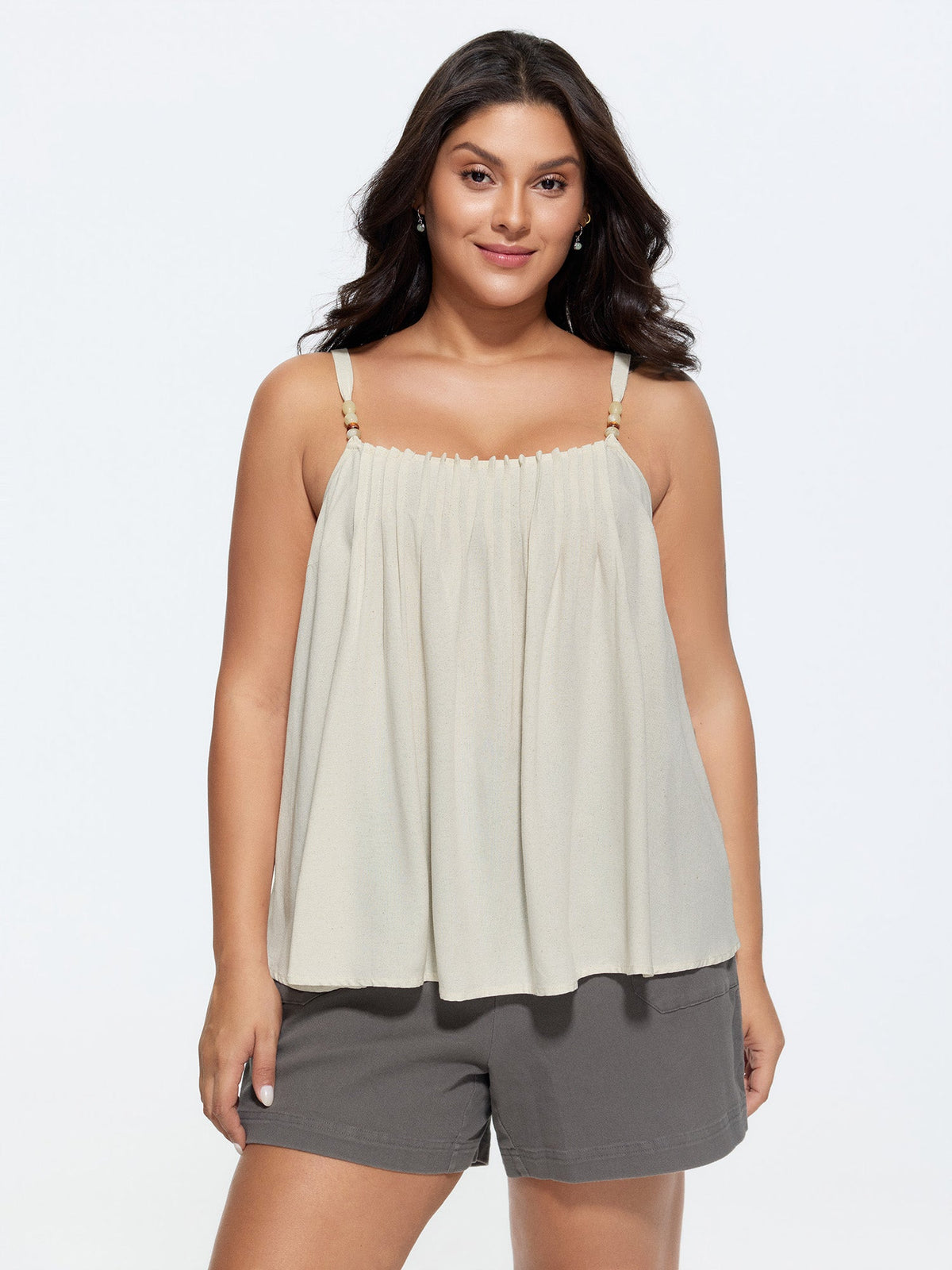 Linen Blend Beaded Pleated Flowy Plain Tank Top
