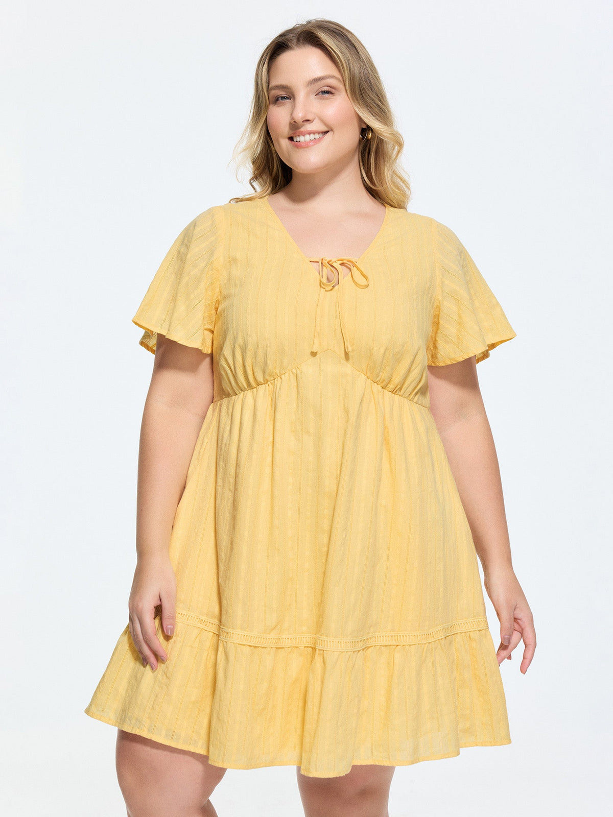 Cotton Sheer Lace Trim V-Neck Mini Dress