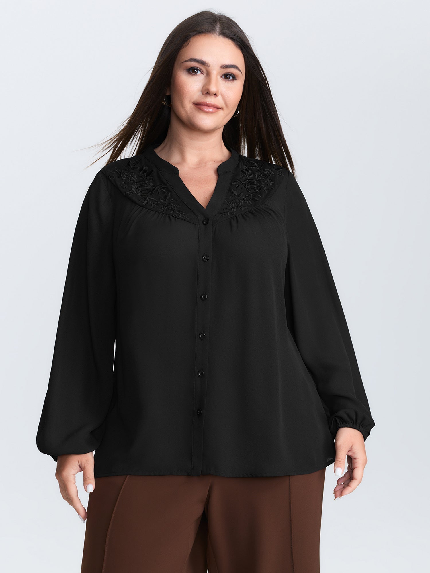 Embroidered Neckline Button-Down Blouse