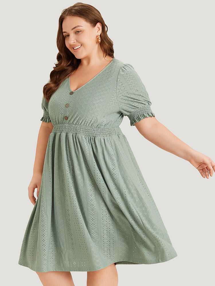 Geometric Eyelet Pocket Button Detail Shirred Dress
