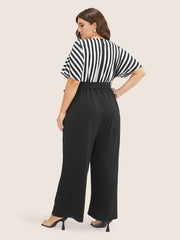 Striped Patchwork Pocket Batwing Sleeve Belted Wrap Jumpsuit