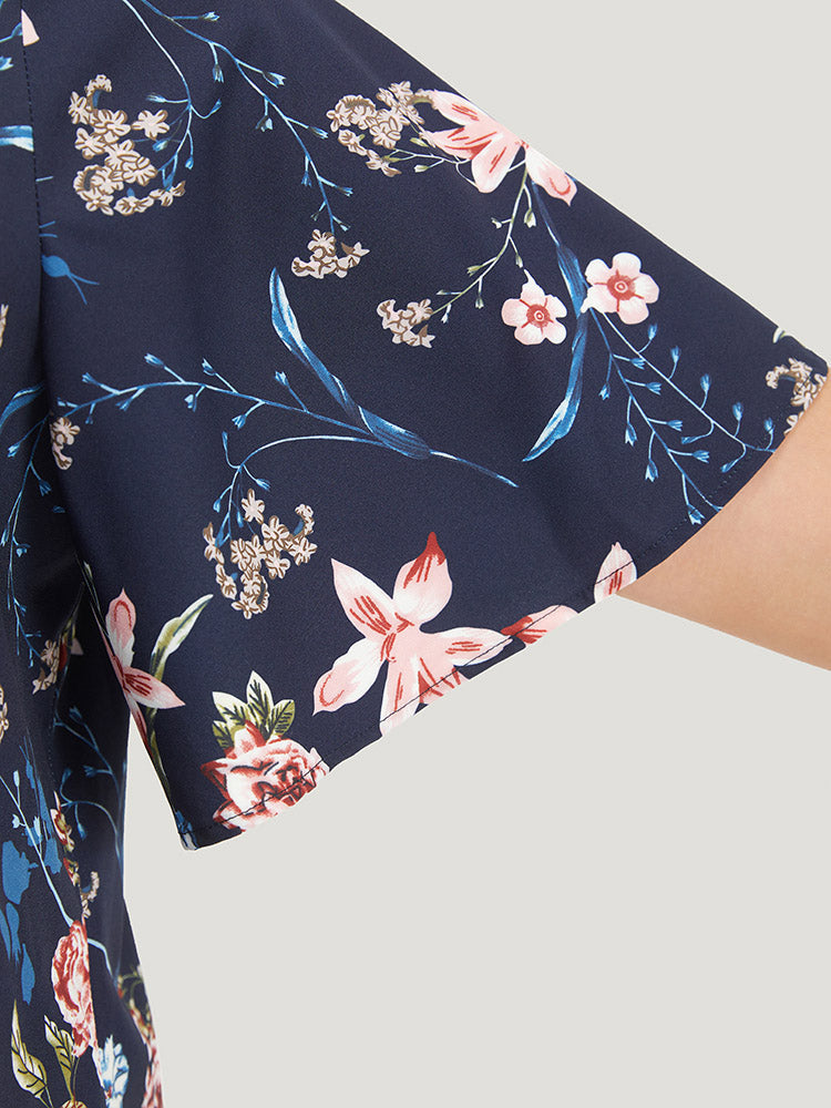 Floral Print V Neck Ruffle Sleeve Twist Hem Blouse