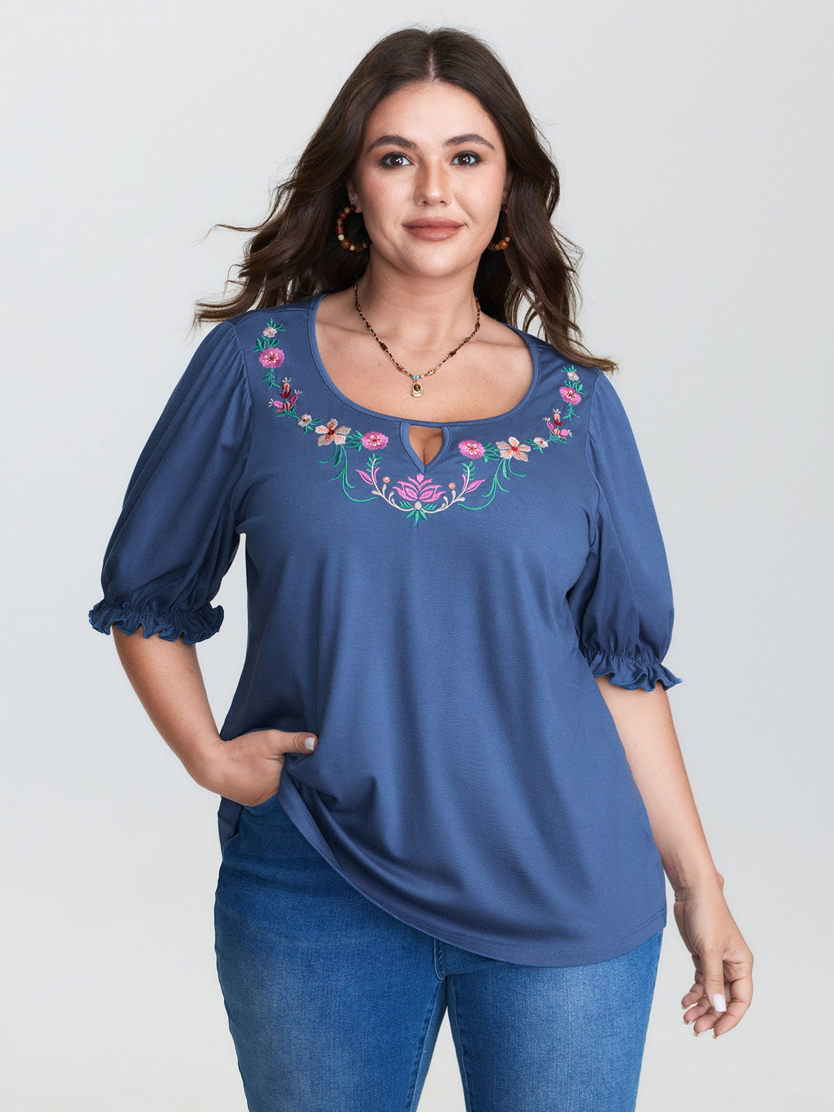 Colorful Floral Embroidered Neckline T-Shirt