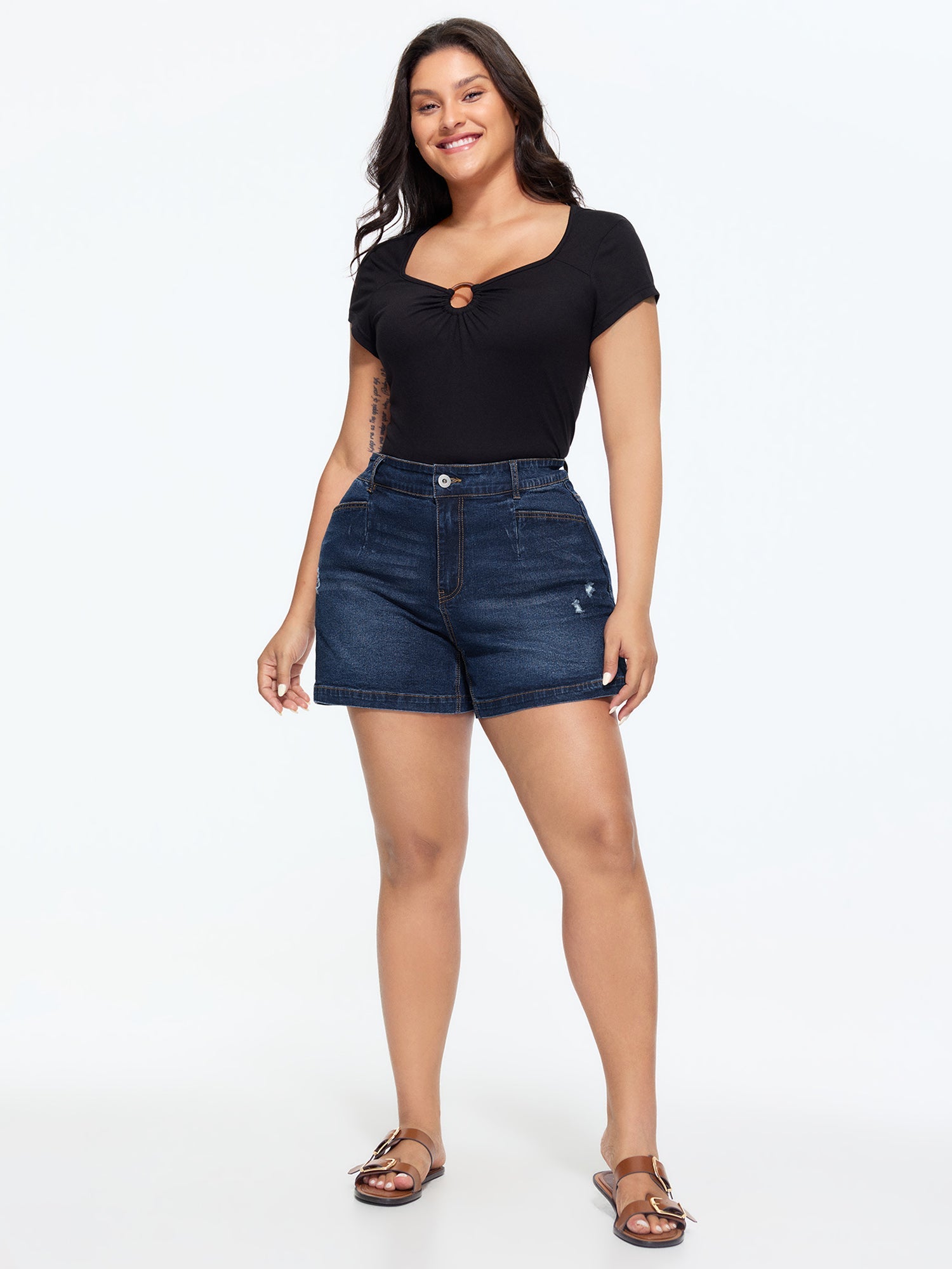 Stretchy Back Elastic Waistband Skinny-Fit Denim Shorts