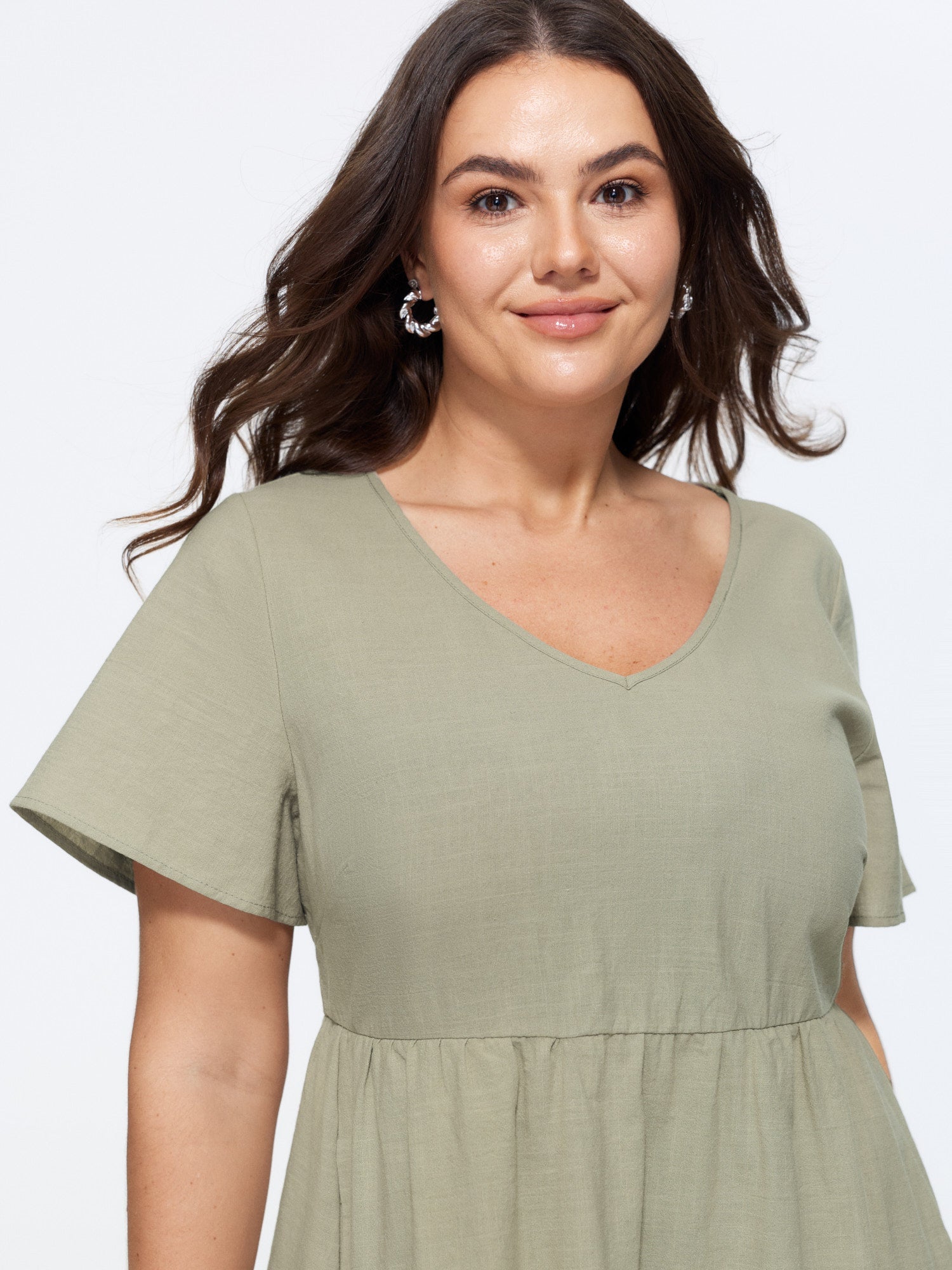Cotton V-Neck Tiered Plain Mini Dress