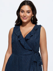 Sheer Textured Ruffled Wrap Midi Dress