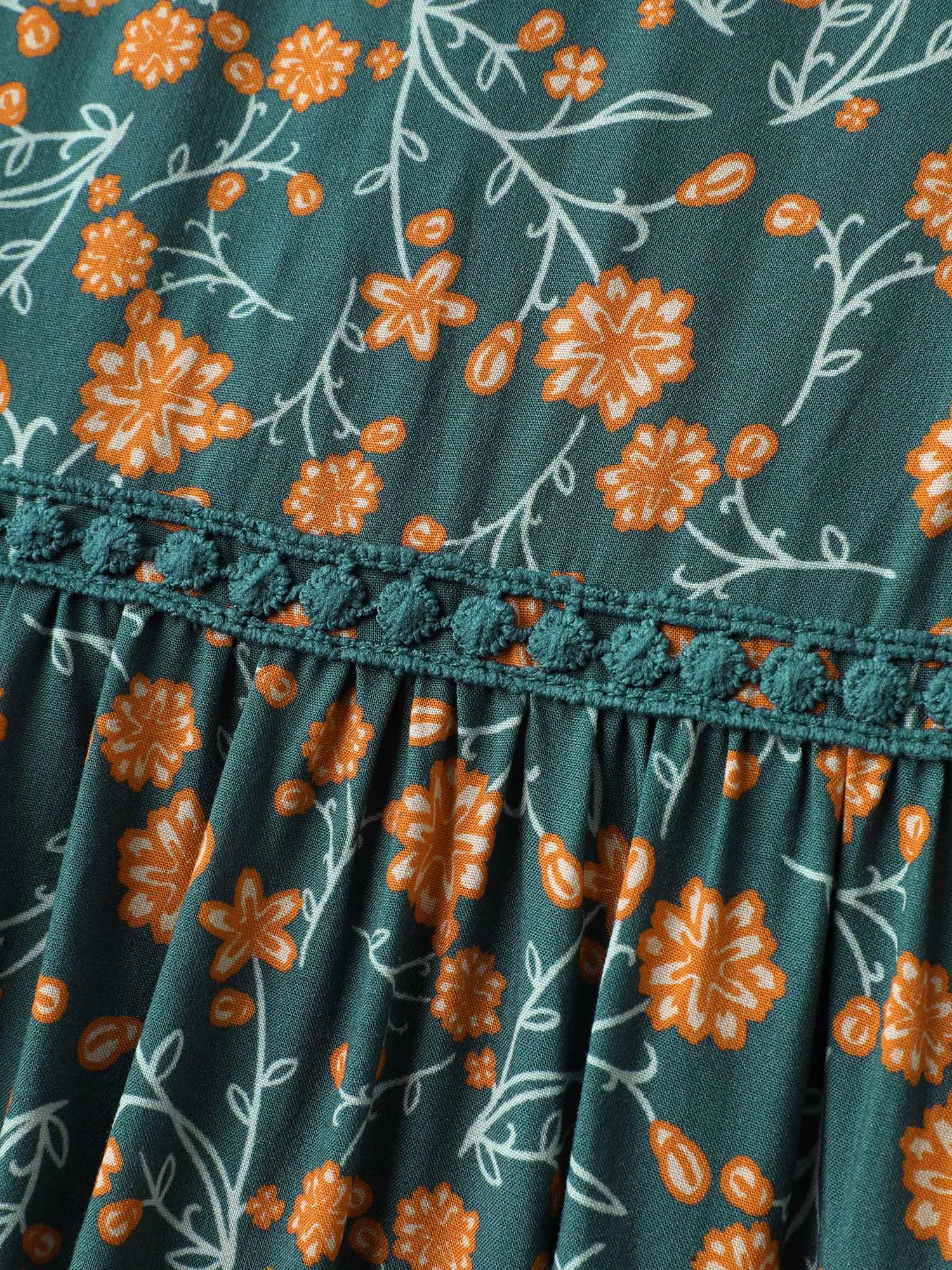 Rayon Floral Print Neck Tie Pockets Maxi Dress