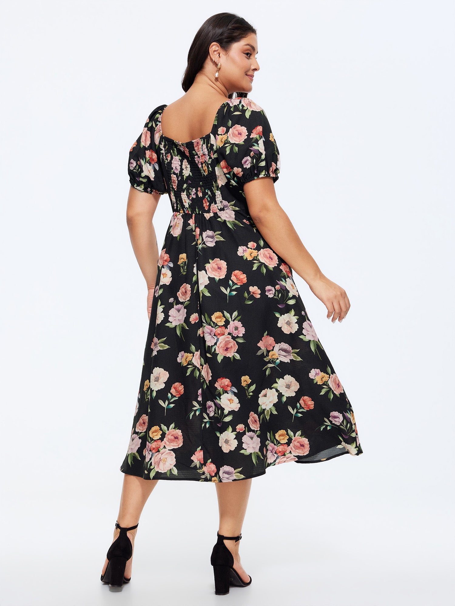 Floral Print Puffy Sleeve Shirred Midi Dress