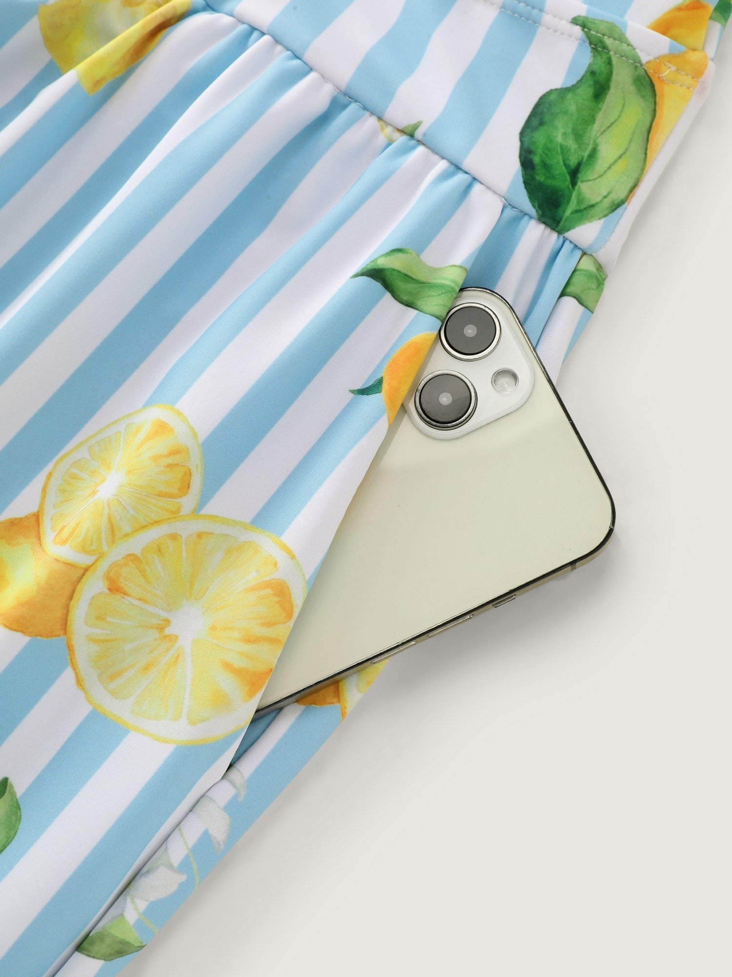 Lemon Striped Print Pockets Swim Romper