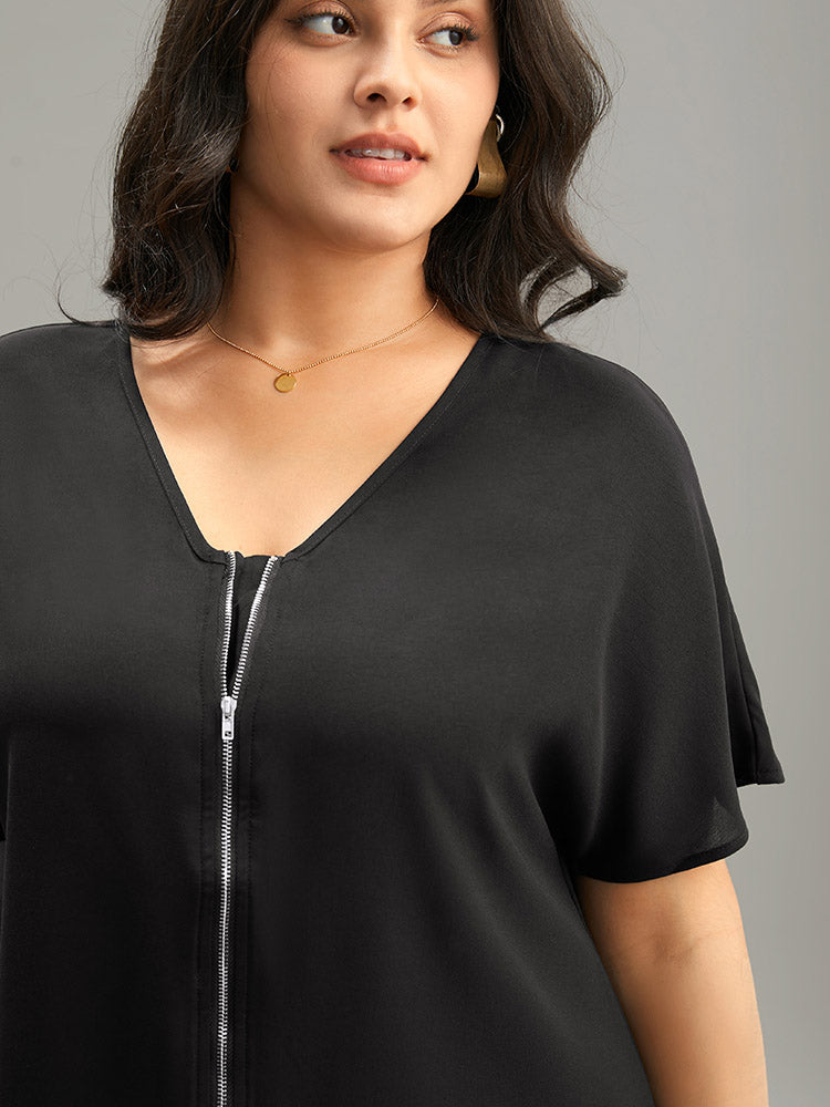 Plain Zipper Curved Hem Blouse