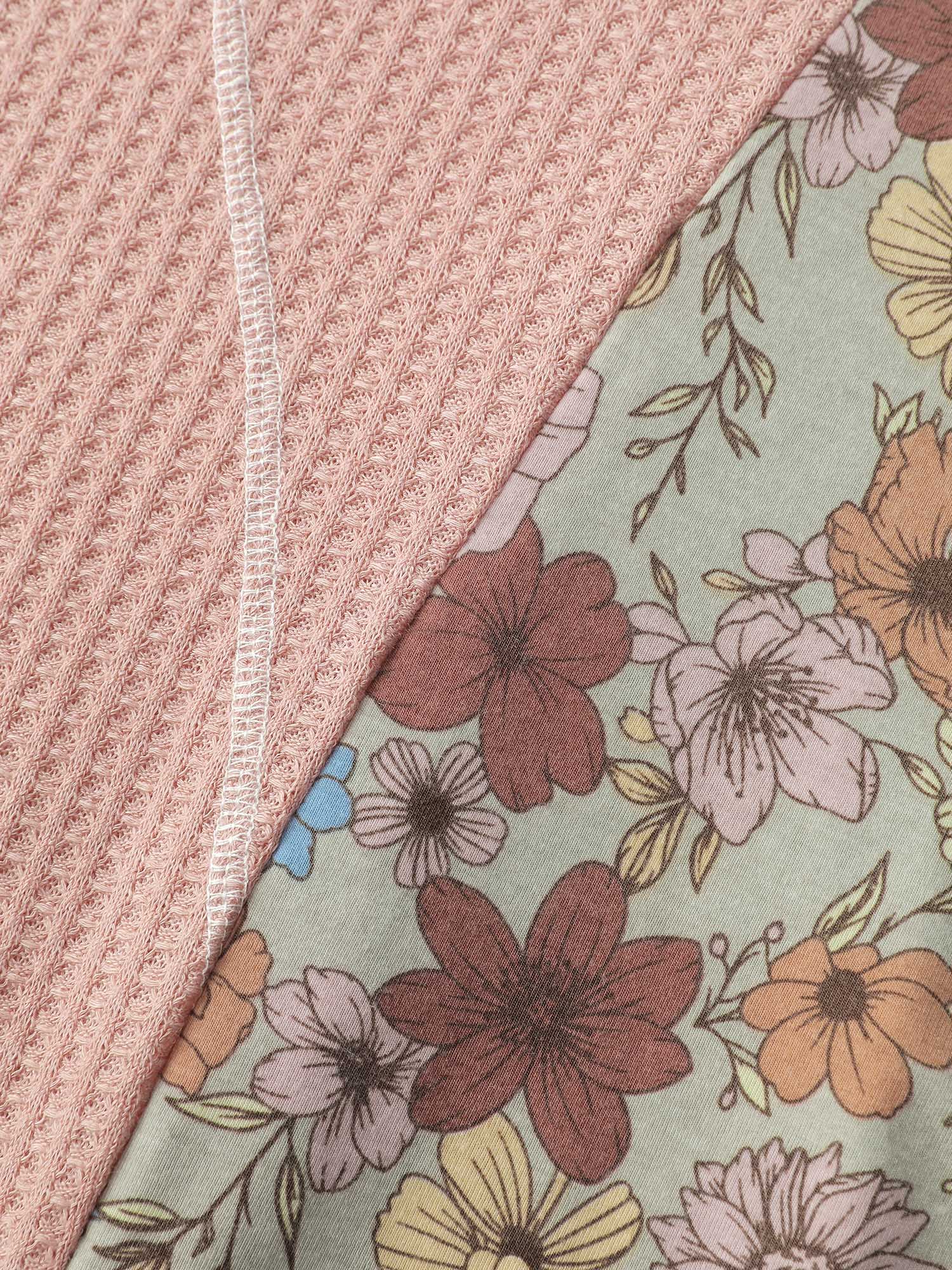 Floral Colorblock Waffle Round Neck Sweatshirt