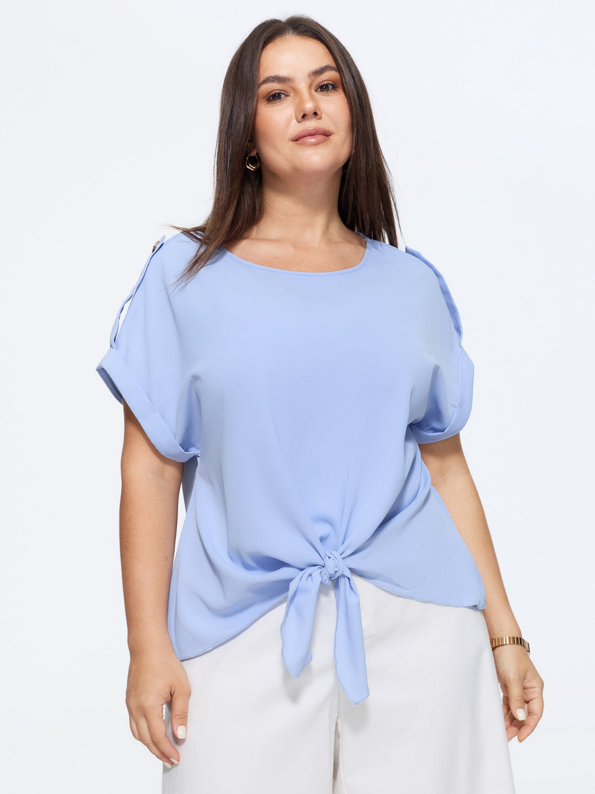 Shoulder Button Detail Knotted Front Plain Blouse