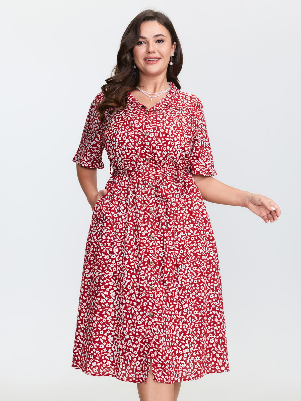 Floral Print Collar Midi Shirt Dress