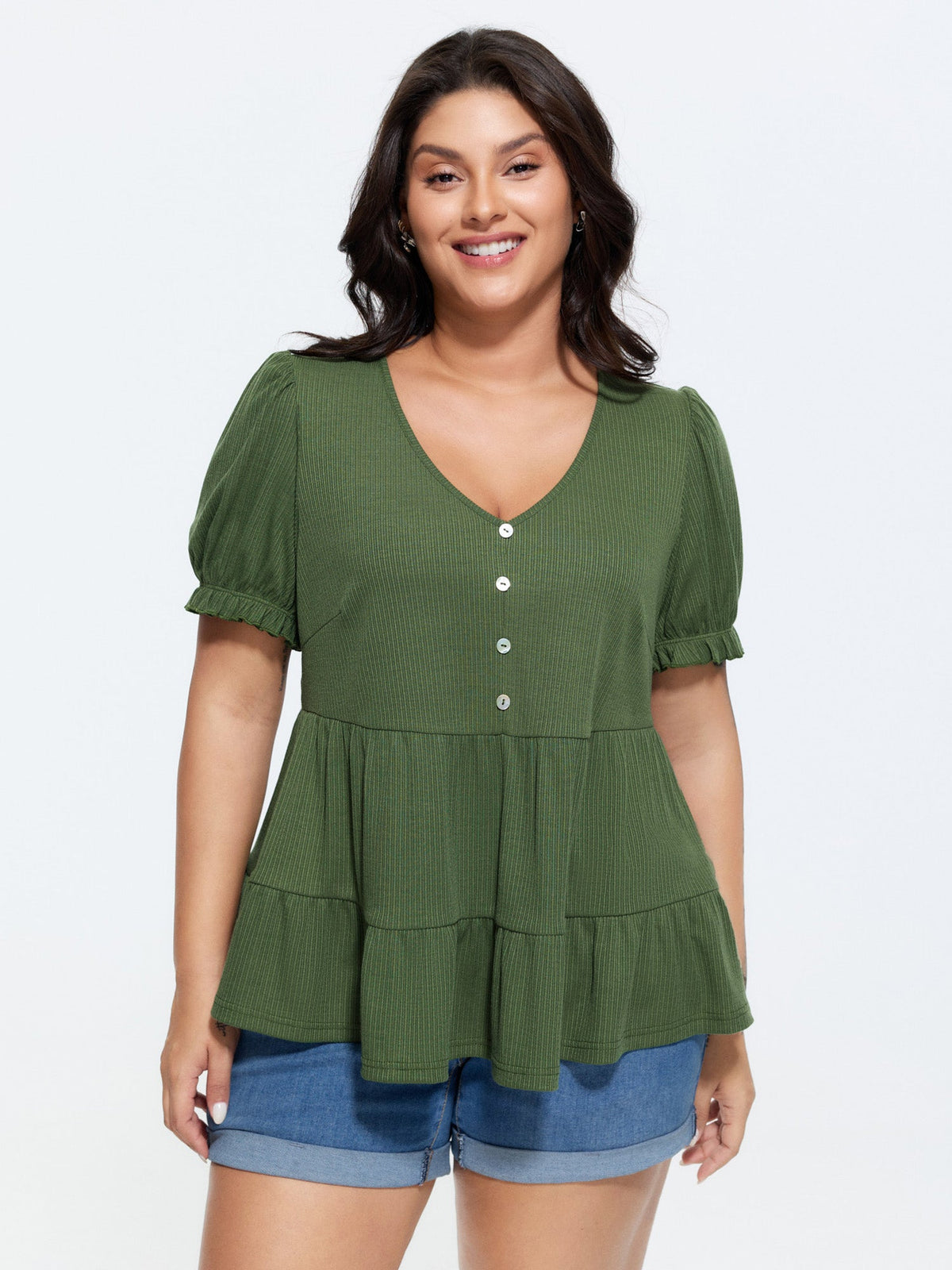 Stretchy Tiered Button Detail Knit Top