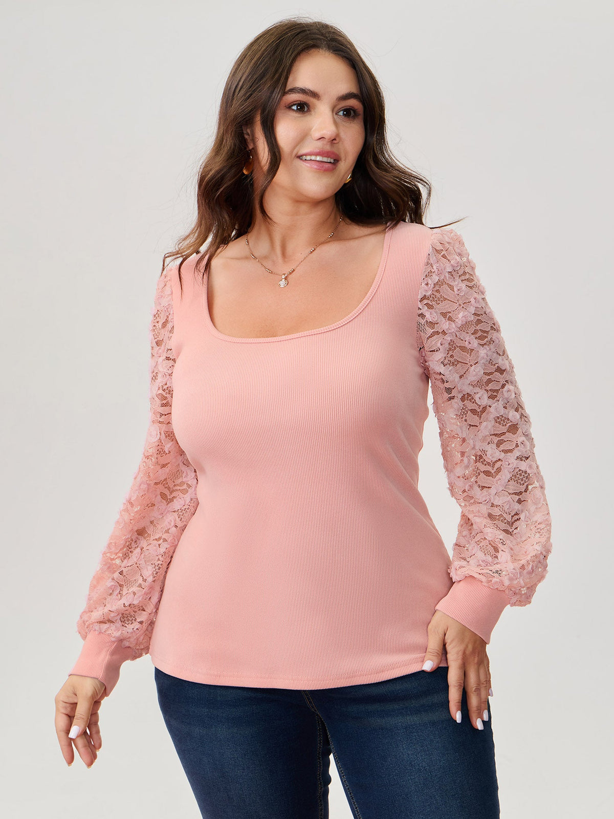 Lace Sleeve 3D Floral Knit Top