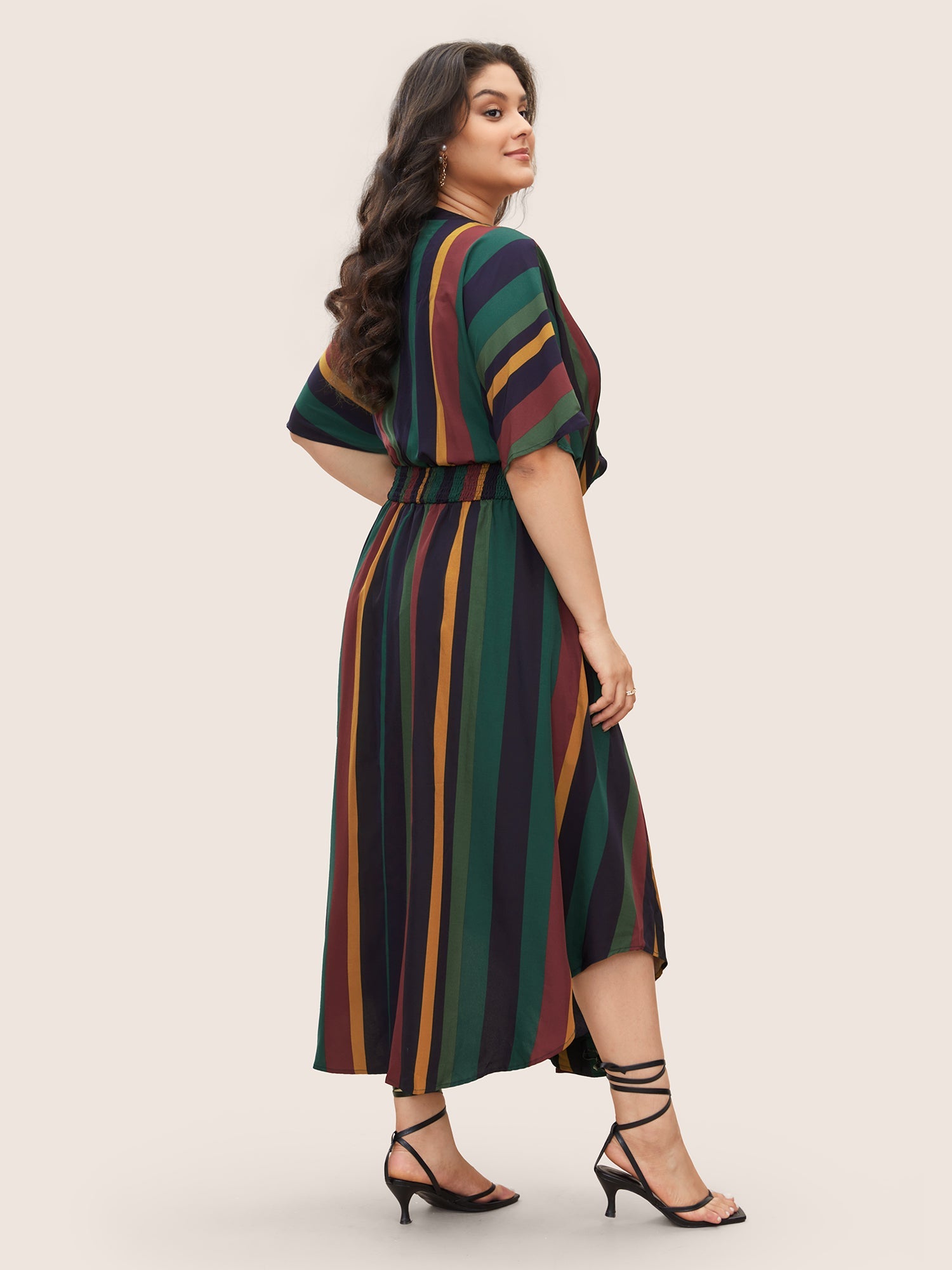 Striped Dolman Sleeve  Pocket Shirred Flutter Wrap Dress