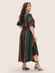 Striped Dolman Sleeve  Pocket Shirred Flutter Wrap Dress