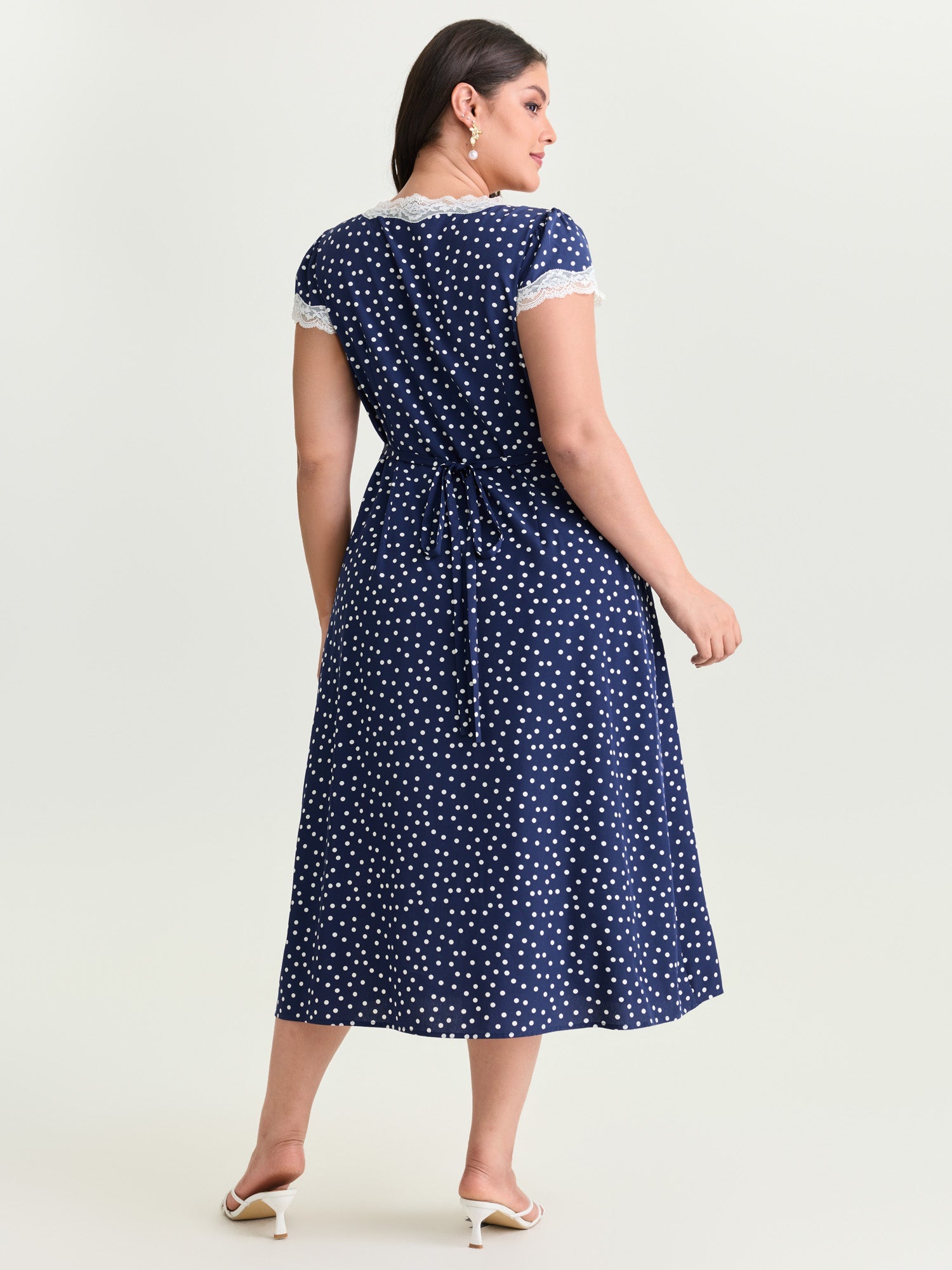 Polka Dots Lace Deep Neckline Midi Dress