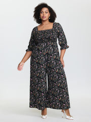 Floral Shirred Waist-Defining Jumpsuit