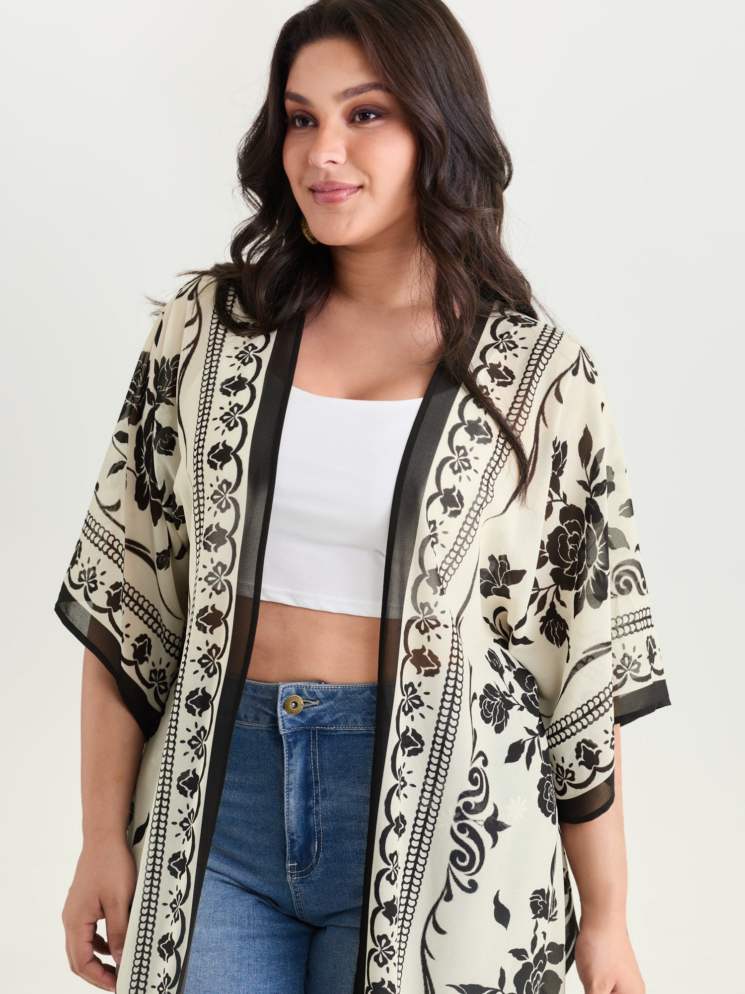 Floral Print Tassel Hem Open-Front Kimono