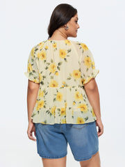 Floral Print Neck Cut-Out Blouse