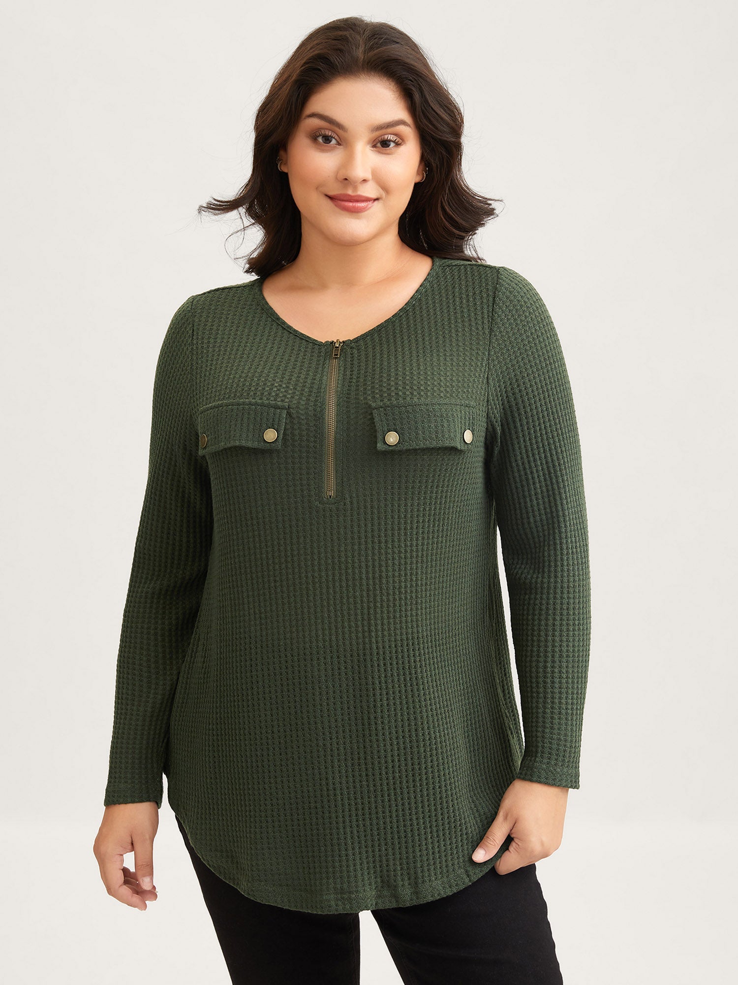 Half Zipper Flap Detail Pockets Knit Top