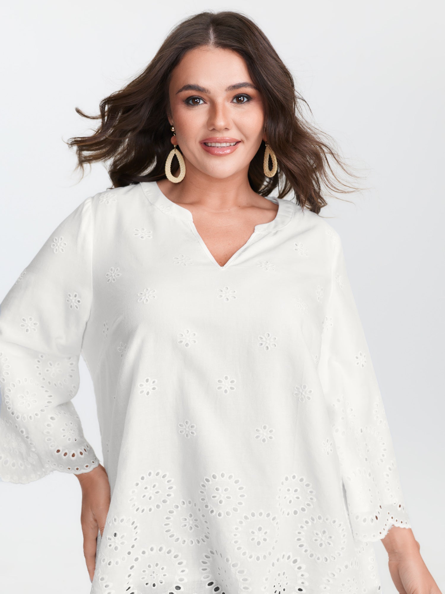 Cotton Floral Eyelet Trim Notched Collar Blouse