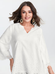 Cotton Floral Eyelet Trim Notched Collar Blouse