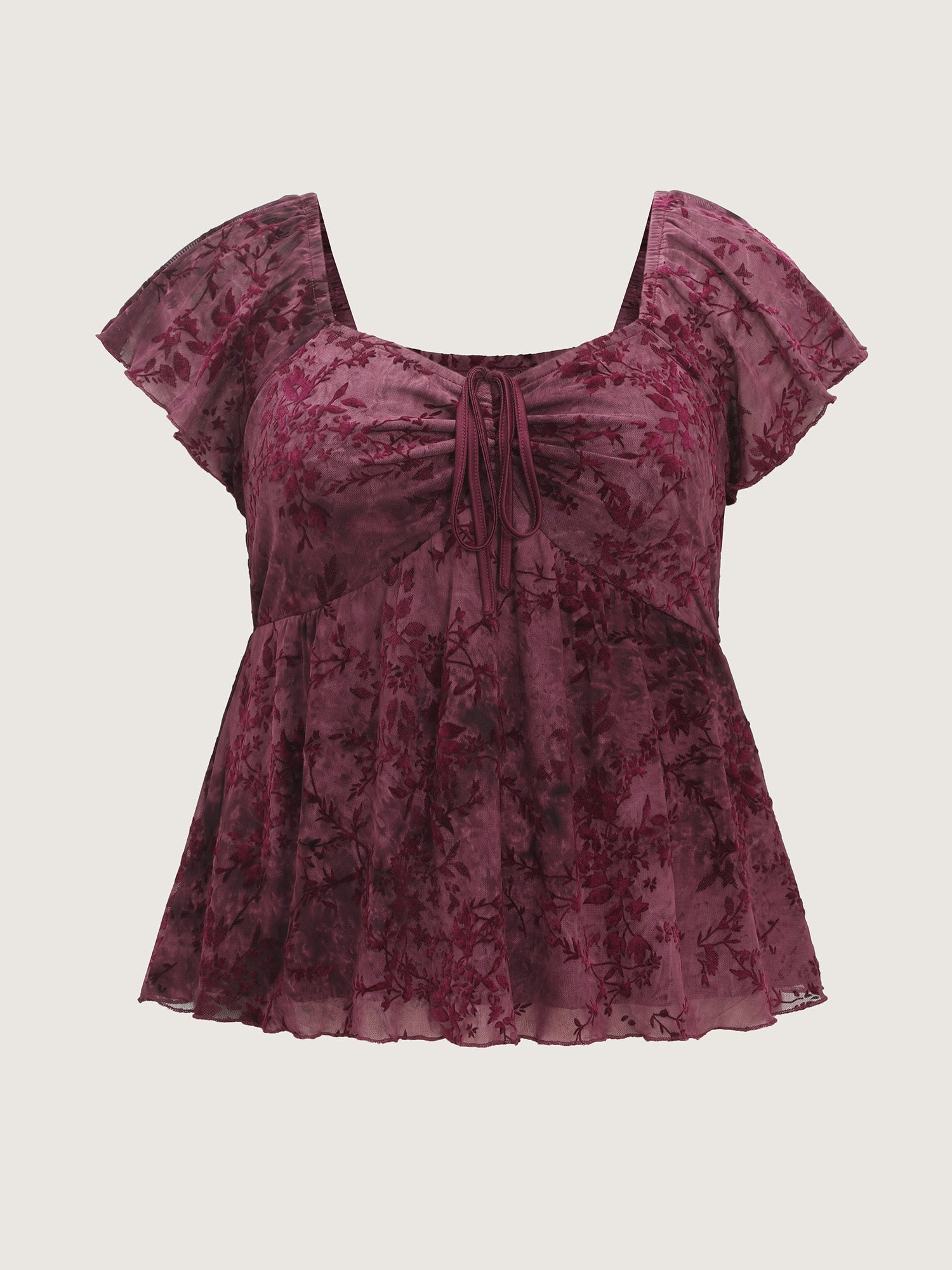 Floral Print Mesh Ruched Knit Top